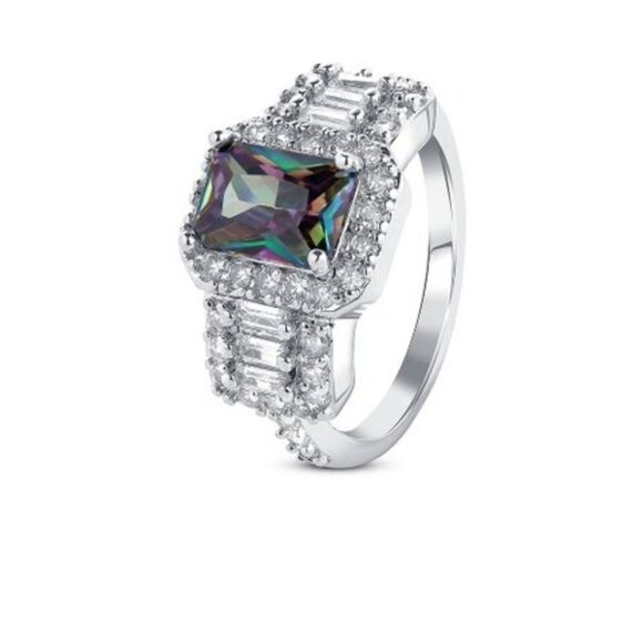 Rainbow stone emerald cut engagement ring baguette ring size 10 - Picture 1 of 3